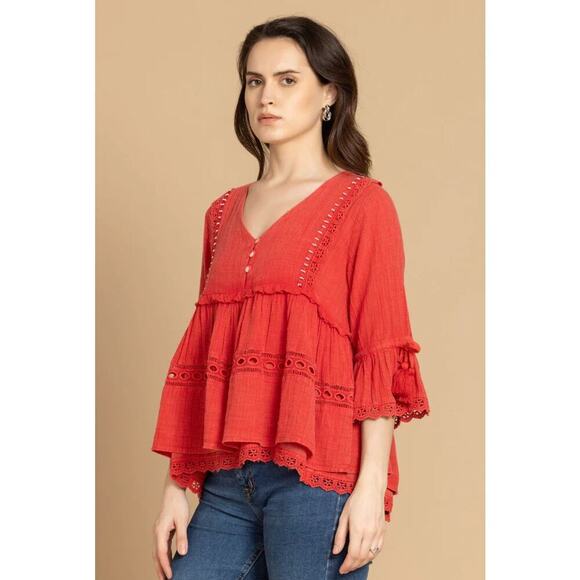 NWT Boutique Boho Women's Pinkilicious Babydoll Tassel top by Bohera - Picture 4 of 4